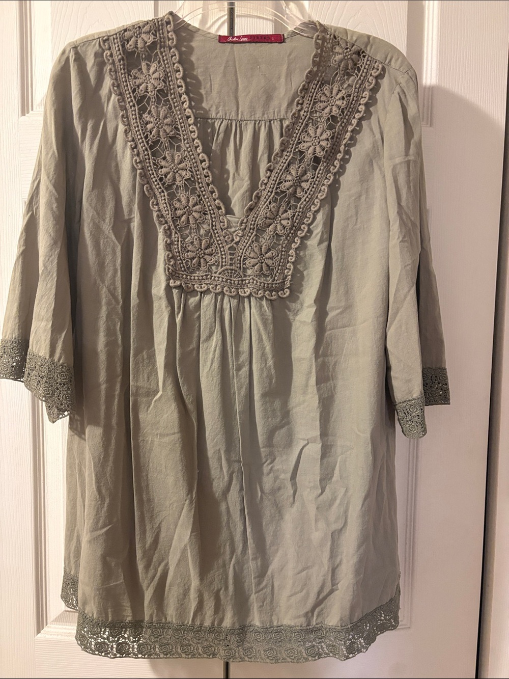 Barbara Lesser Crochet V-Neck Sage Green Tunic Top